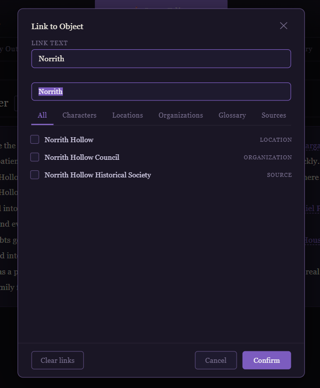 Link to Object modal showing search results to link to