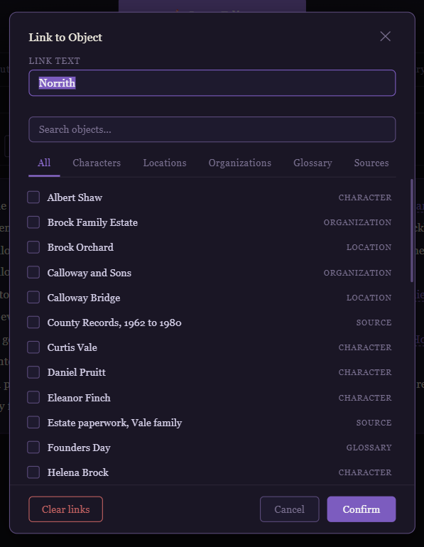 Right-clicking an existing linked word to manage the link
