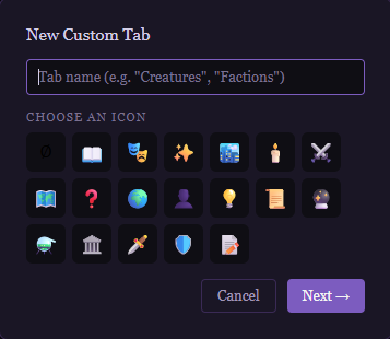 Chronicle Vault custom tab creation dialog showing name input and icon picker